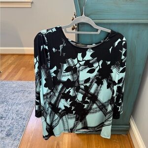 Bob Mackie Black and Light Blue Floral Long Sleeve Top